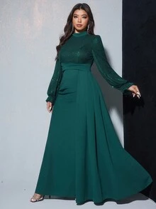 Viva Relle 大尺碼女款優雅華麗珠飾亮片長袖收腰流暢晚禮服，適合宴會、派對、婚禮賓客、新年 - 墨綠色 - 查看 4