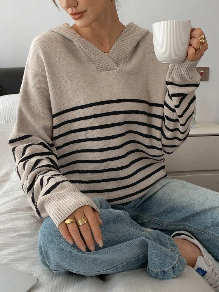 French Retro Collar Half Zip Striped Sweater For Women, Soft & Cozy Casual Chic Style, Autumn/Winter Hoodie