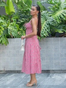 Andrea Bello Women Plaid Strap Mid-Calf Dress, Fashionable And Suitable For Summer Summer Dresses For Women - Red and White - View 5