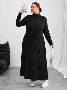 SHEIN CURVE+ 大码女式秋冬罗纹高领长袖A字针织连衣裙