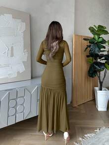 Jemour 女士网眼长袖圆领连衣裙，秋季休闲连衣裙。适合秋季服装、返校装、教师装 - 軍綠色 - 查看 2