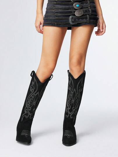 Kawaii Women's Plus Size Fashion Embroidered Western Cowboy Boots, Suede Lining, Slip-On Knee-High Boots, Autumn/Winter 2025 New Outdoor