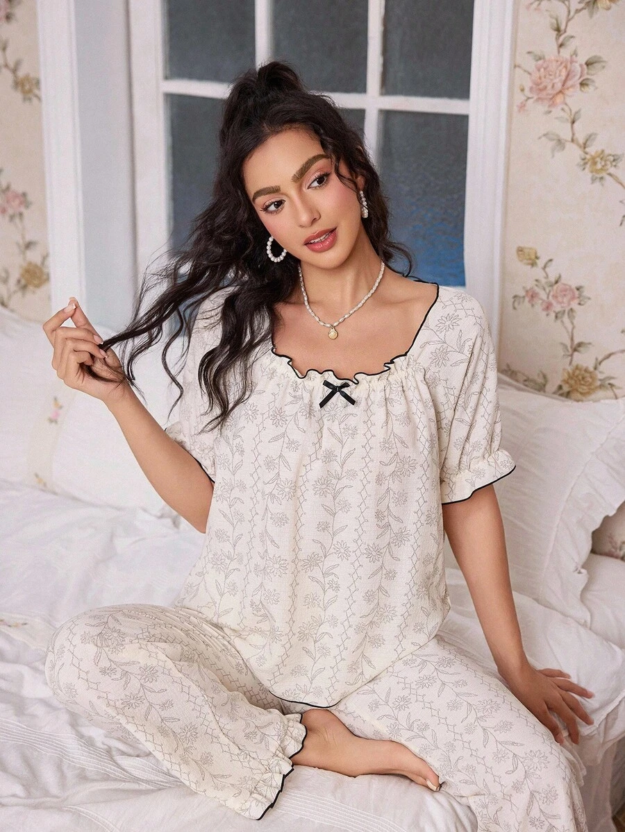 CottageSlumber 黑色碎花泡泡褶皱女式睡衣套装 - 杏色 - 查看 1