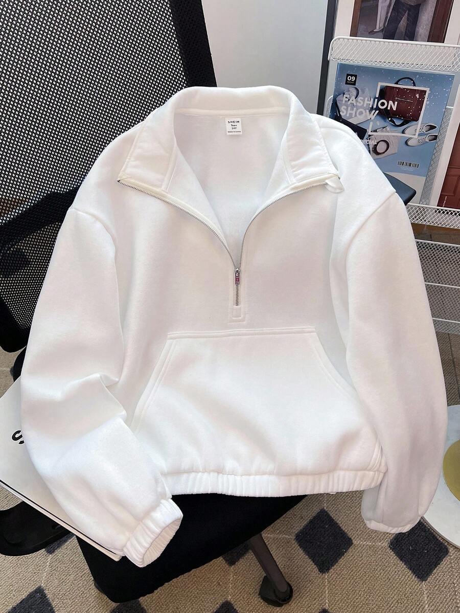 SHEIN 少女白色落肩拉链半开襟短款卫衣，适合秋冬季节日常休闲穿着。白色拉链卫衣 白色卫衣 拉链卫衣 白色卫衣 少女卫衣 秋季 - 白色 - 查看 1