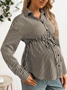 SHEIN 条纹休闲孕妇长袖抽绳腰衬衫 - 黑色 - 查看 3