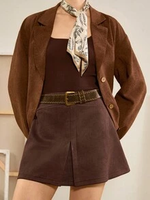 Florisole Women's Casual Commuter Simple Solid Color Suede A-Line Mini Skirt, Without Belt, Autumn - Rust Brown - View 2