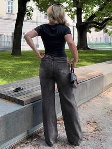 Jeta Ari 女士口袋宽松阔腿休闲百搭牛仔裤 - 黑色 - 查看 2