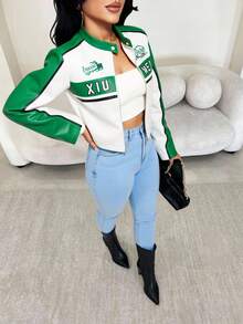 SHEIN SXY Women's Contrast Color Jacket, Chic Motorcycle Crop Top, Versatile For Autumn,Business, Retro, Outing, Old Money,Siren Coquettish,  Cruise Attire, Commuting,  Richly Layered, Date Night, Gathering, Minimalism, Birthday, Formal Event, Break, Modest, Chic, Casual, Shopping, Street Wear, Going Out,ملابس شتوية للنساء