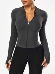 SHEIN Sports Women's Raglan Sleeve Zip Front Deep Grey Seamless Sports Jacket Cropped Workout Jacket