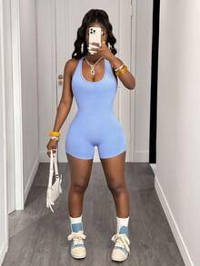 Slaydiva Women's Letter Printed Slim-Fit Back Cross Sports Jumpsuit - Blue - View 6