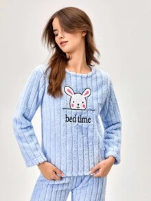 Loomlin Conjunto de pijama de 2 piezas de tela de peluche con detalles bordados de conejito lindo para mujer, ropa de casa y comodidad - Celeste - Ver 5