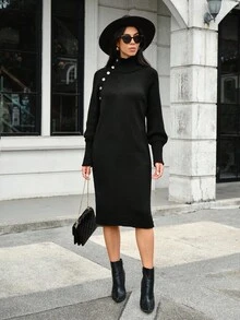 EURMUSE High Neck Button Detail Raglan Sleeve Sweater Dress - Black - View 3