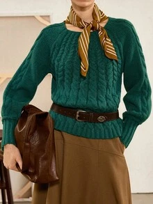 Florisole Women's Casual Everyday Simple French Loose Raglan Sleeve Cable Knit Pullover Sweater, Autumn/Winter