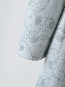 Men's Grey Minimalist Cartoon Bear Print Full-Length Hooded Bathrobe, Fall - Grey - View 5