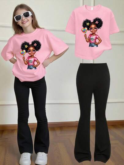 Dziewczęcy swobodny zestaw z nadrukiem w kształcie koka z postacią z kreskówek, krótki rękaw, bluzka i rozszerzane spodnie
