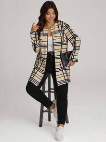 Comfylo Plus Size Women Open Front Plaid Print Casual Jacket, Autumn Outerwear Plus Size Fall Clothes Fall Women Clothes Fall Clothes Plus Size Fall Outfits For Women  Fall Outfits Women Winter