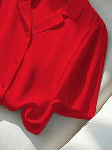 Franclia Women Casual Solid Color Lapel Short Sleeve Blouse For Summer Clothes For University - Red - View 4
