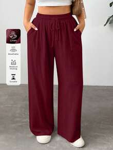 EURMUSE 大码女式休闲纯色宽松裤 - 酒紅色 - 查看 7
