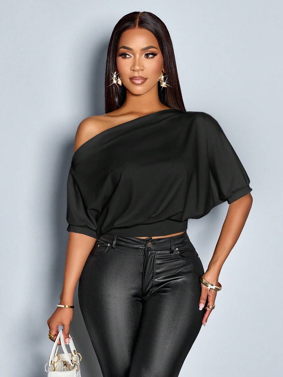 SOLERSUN Women's Solid Asymmetrical Neck Ruched Shoulder Tee - Black - View 1