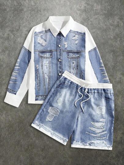 EASEVO مجموعة قميص وشورت مطبوعة بنقشة الجينز مقاسات كبيرة للرجال، ملابس الخريف