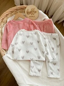 SHEIN 4 件套女婴可爱蓬松波尔卡圆点长袖睡衣套装，秋冬 - 彩色 - 查看 2