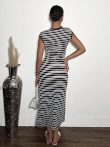 Andrea Bello Women's Casual Striped Round Neck Cap Sleeve Dress, Summer - Black and White - View 2