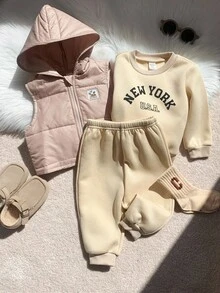 男婴加厚连帽保暖外套、套头卫衣和休闲裤冬季运动套装 - 杏色 - 查看 8