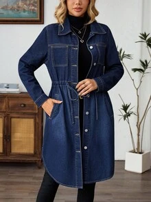 EMERY ROSE Women's Casual Drawstring Waist Denim Coat Fall Winter - Dark Wash - View 7