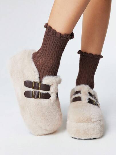 Kawaii Women's White Loafers Slip-On Warm Fuzzy Slippers, Ankle Boots And Short Boots