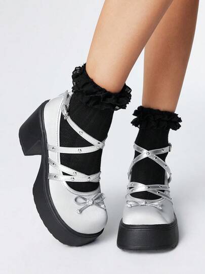 Zapatos de plataforma de tacón grueso y puntera redonda con diseño de lazo y correa, versátiles, de color plateado para mujer, primavera/otoño 2025