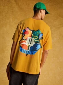 HARRY POTTER X SHEIN Men's Casual Loose Fit Animal Badge & Letter Print Drop Shoulder Short Sleeve T-Shirt, Summer