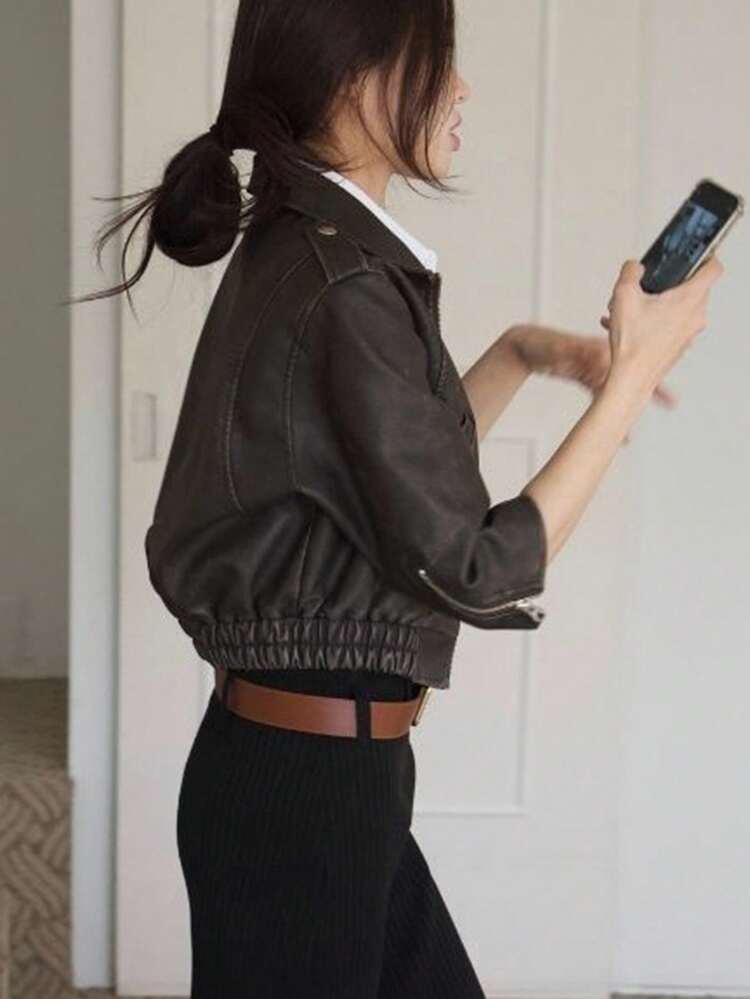 Retro American Style Long Sleeve Zipper Leather Jacket, Chic Streetwear For Women Fall/Winter Women Coats