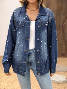 EMERY ROSE Áo khoác denim thường ngày đính ngọc trai cho nữ, trễ vai - Màu xanh lam - Xem 4