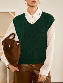 Chiquease Bohemian Basic Knit Vest, Green Loose Casual Sweater Vest - Green - View 5