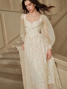 Anewsta Vestido de manga larga con estampado, de gasa con cintura ajustada y vuelo, vestido regular para citas - Amarillo claro - Ver 4