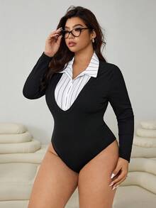 SHEIN PETITE CURVE Plus Size Black Turtleneck Long Sleeve Bodysuit - Black - View 4