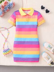 Young Girls' Sweet & Cute Rainbow Striped Polo Collar Casual Everyday Comfortable Versatile Dress - Purple - View 2