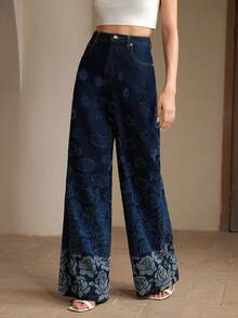 Anewsta Rose Floral Print Washed Blue Wide Leg Jeans Pants, Spring/Summer - Dark Wash - View 3