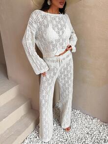 EURMUSE 象牙色镂空针织两件套，配有喇叭裤和长袖上衣，采用轻盈透气的面料，适合波西米亚风格女性夏季镂空