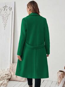 SHEIN 女式纯色缺口领长袖束带大衣 - 綠色 - 查看 2