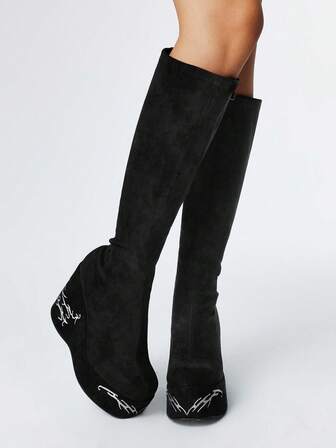 Goth Women's Round Toe Platform Thick Sole Embroidered Boots, White Stitching Black Suede Fabric, Fashion Comfortable For Daily, Party, Nightclub, Side Zipper