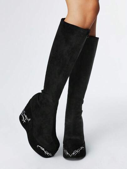 Goth Botas de plataforma con punta redonda y suela gruesa, bordadas, de tela negra con pespuntes blancos, cómodas para uso diario, fiestas y discotecas, con cremallera lateral