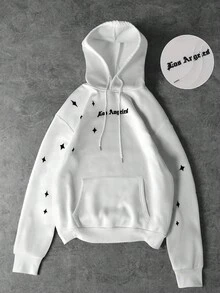 PAVTROS 男士字母与星星印花口袋落肩宽松羊毛抽绳连帽衫，秋冬 - 白色 - 查看 3