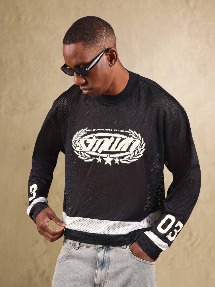 SUMWON Crop Fit Club Long Sleeve Mesh Graphic Print Jersey Athletic Fit T-Shirt With Laurel Wreath Logo Design And Numeric Detail Casual