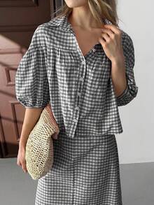 EURMUSE Bộ trang phục hai mảnh cho nữ, áo sơ mi và váy kiểu gingham - màu xanh lá - Xem 5