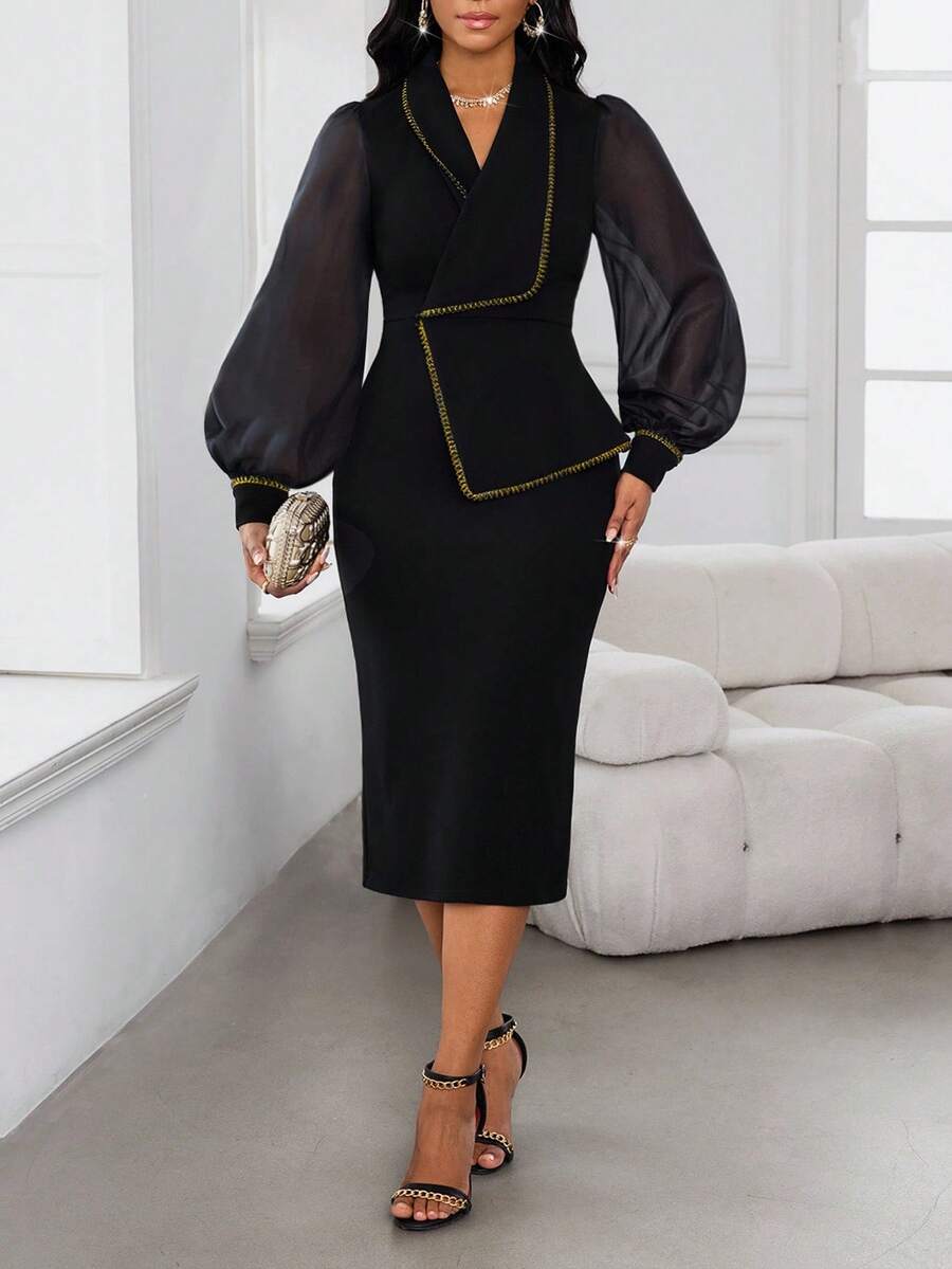 SHEIN Lady 女士优雅通勤纯色金边缀饰套装设计感气质中长连衣裙四季秋装古着连衣裙婚礼宾客礼服女士连衣裙女士优雅教师装商务休闲装女士办公室装女士演唱会装女士机场装女士 - 黑色 - 查看 1
