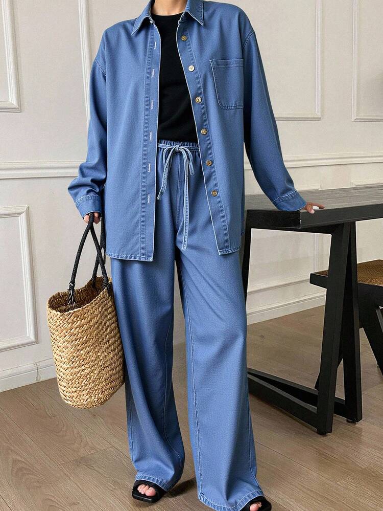 Conjunto de camisa y pantalones de mezclilla holgados y casuales para mujer, de manga larga y abotonadura sencilla, para otoño