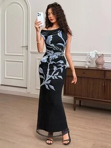 EastFlair Damen elegantes Pflanzen-Druckkleid mit asymmetrischem Kragen, Sommer