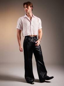 FeverCity 男士休闲镂空纽扣短衬衫 - 粉色 - 查看 5