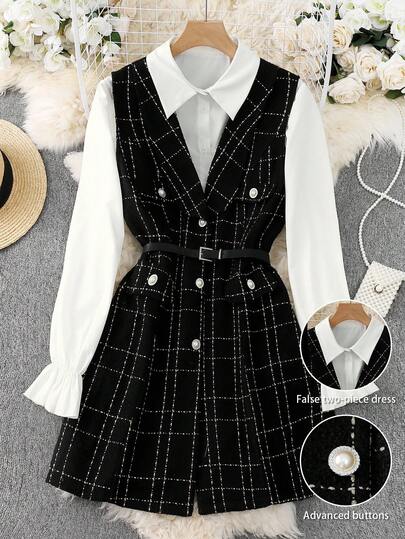 Regalyn Vestido elegante de tweed con parches de talla grande 2 en 1 para mujeres